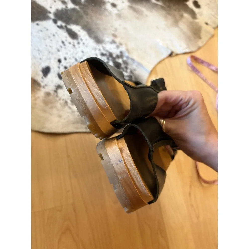Swedish Hasbeens Stitched Tracta Black Leather Platform‎ Sandals Size 40